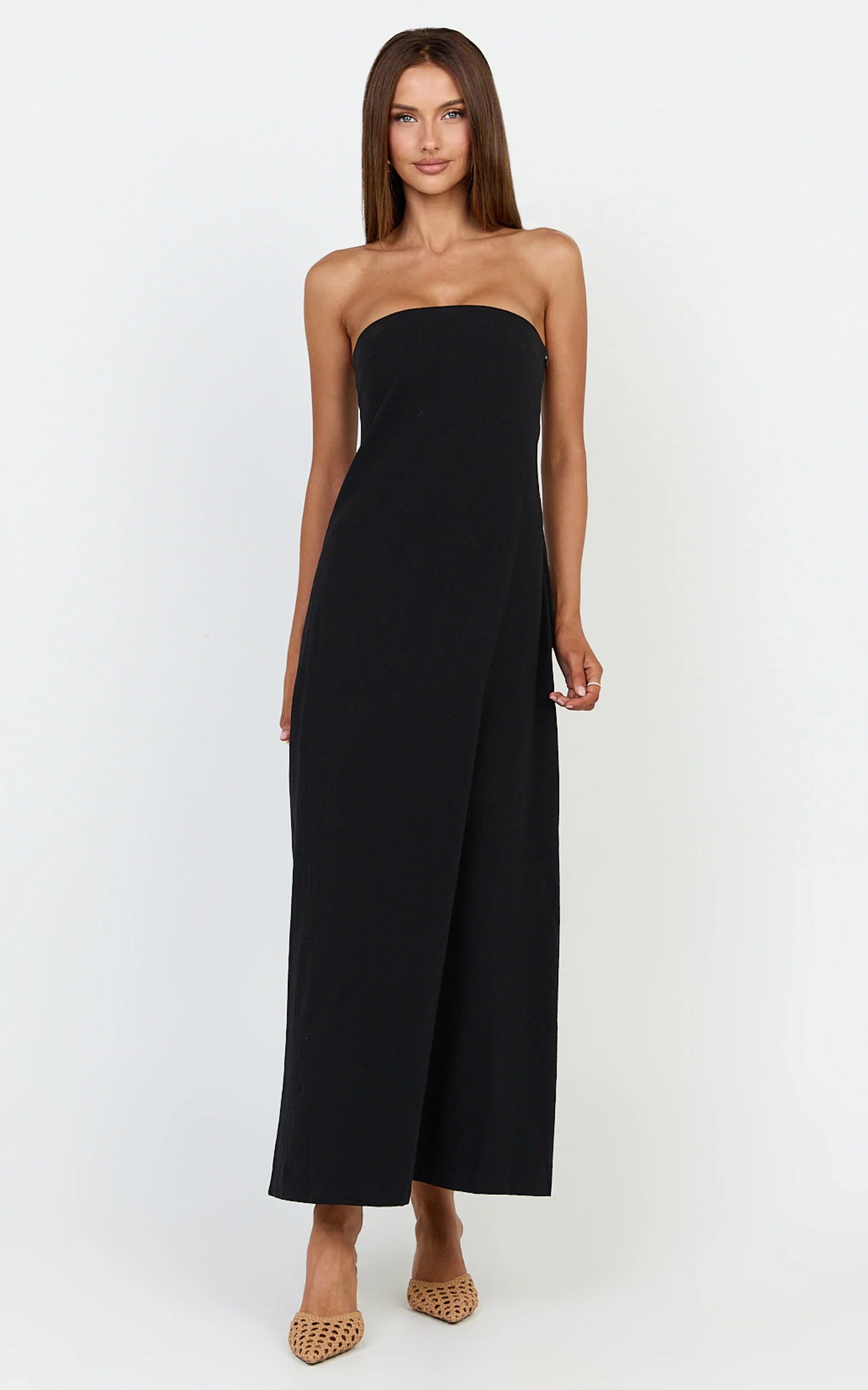Emmie Midi Dress - Strapless Trapeze Dress in Black