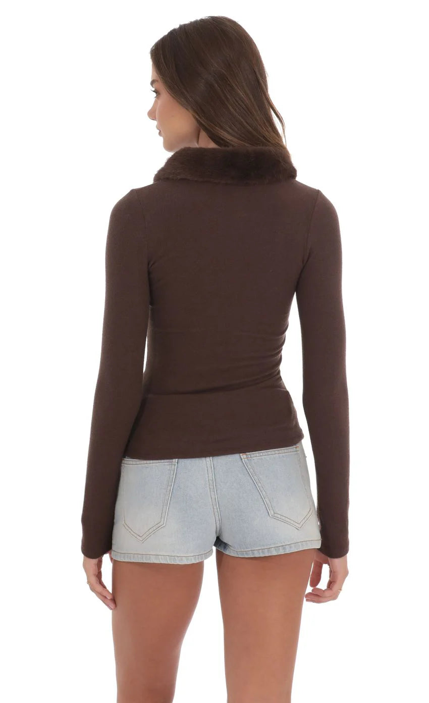 Fur Collar Zip-Up Cardigan in Brown