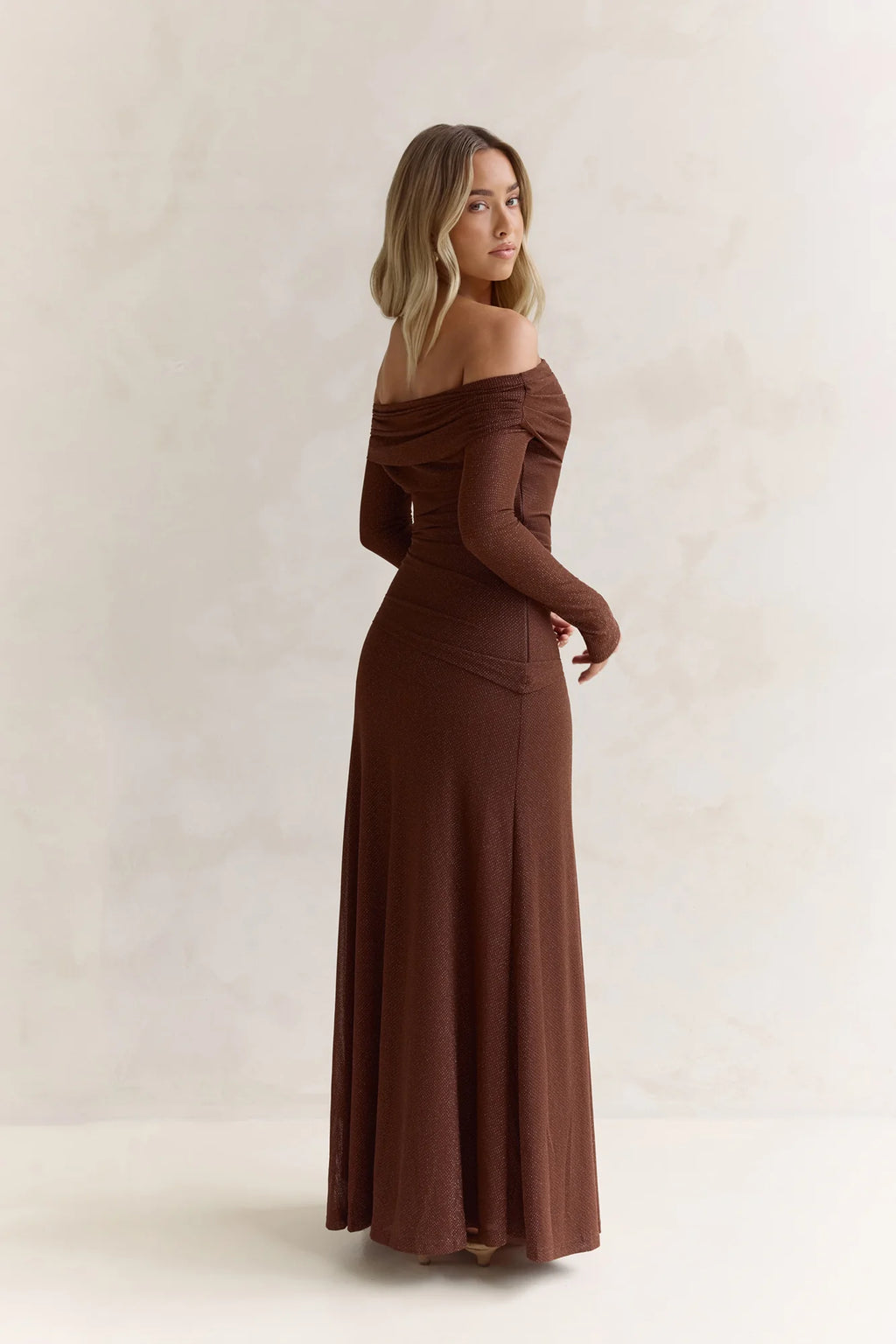 Carmelita Long Sleeve Off Shoulder Maxi Dress Brown