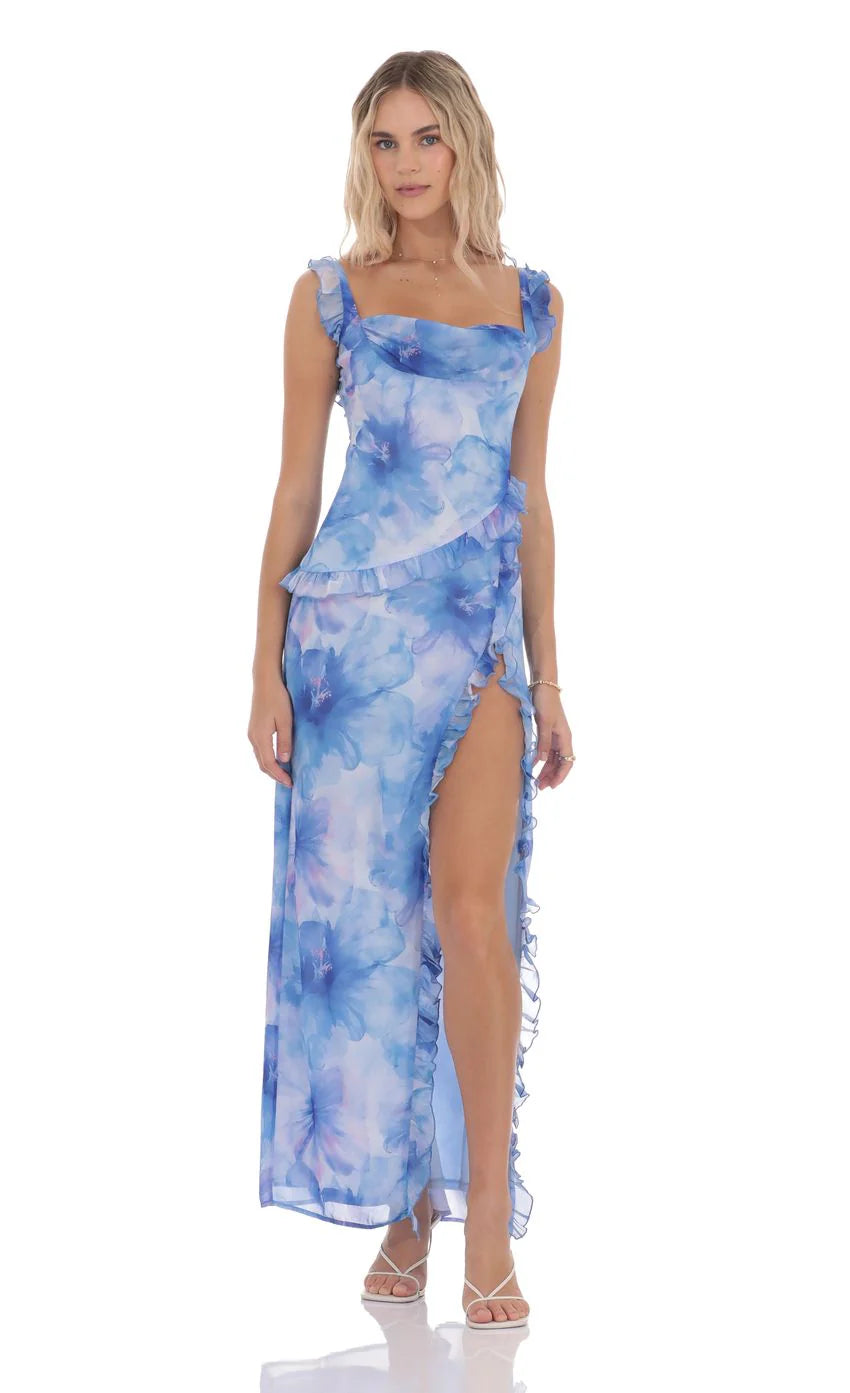 Floral Ruffle Cowl Neck Maxi Dress in Blue