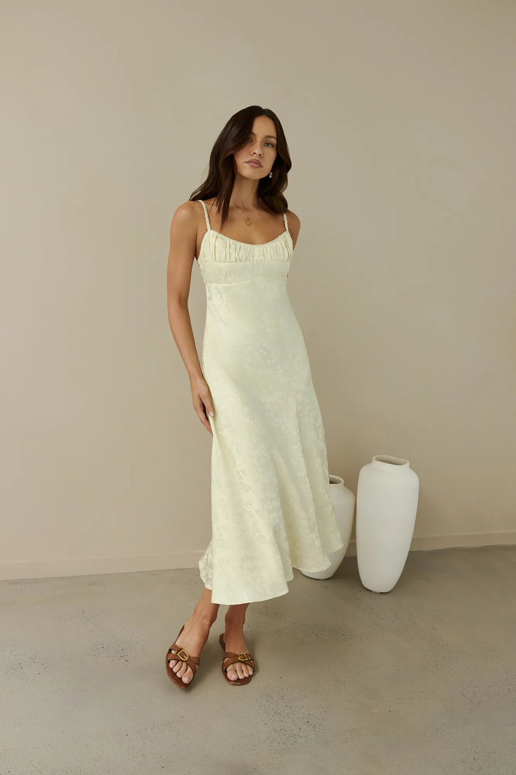 Kaiya Jacquard Satin Midi Dress Yellow