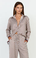 Noelle Top - Geo Border Print Button Front Long Sleeve Shirt in Multi