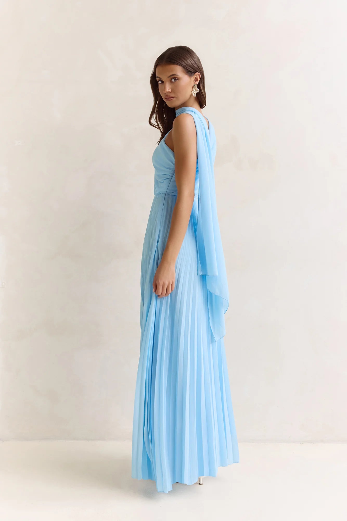 Main Muse Plisse One Shoulder Maxi Dress Blue