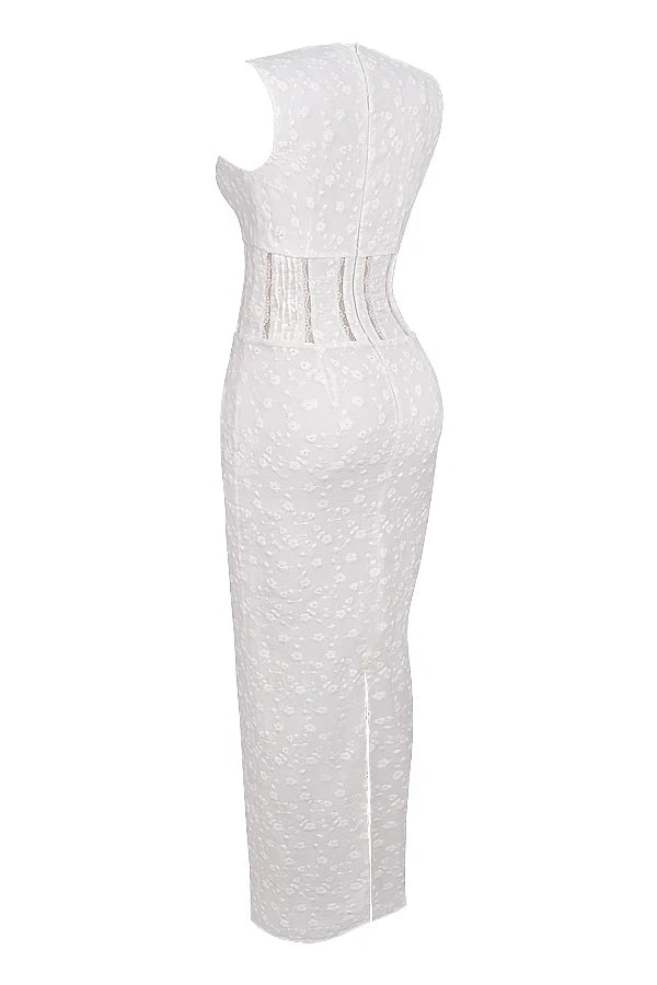 white cotton broderie anglais plunge maxi dress