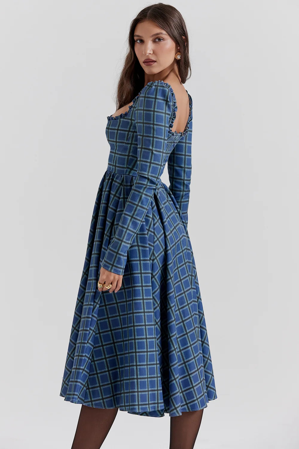 blue tartan midi dress