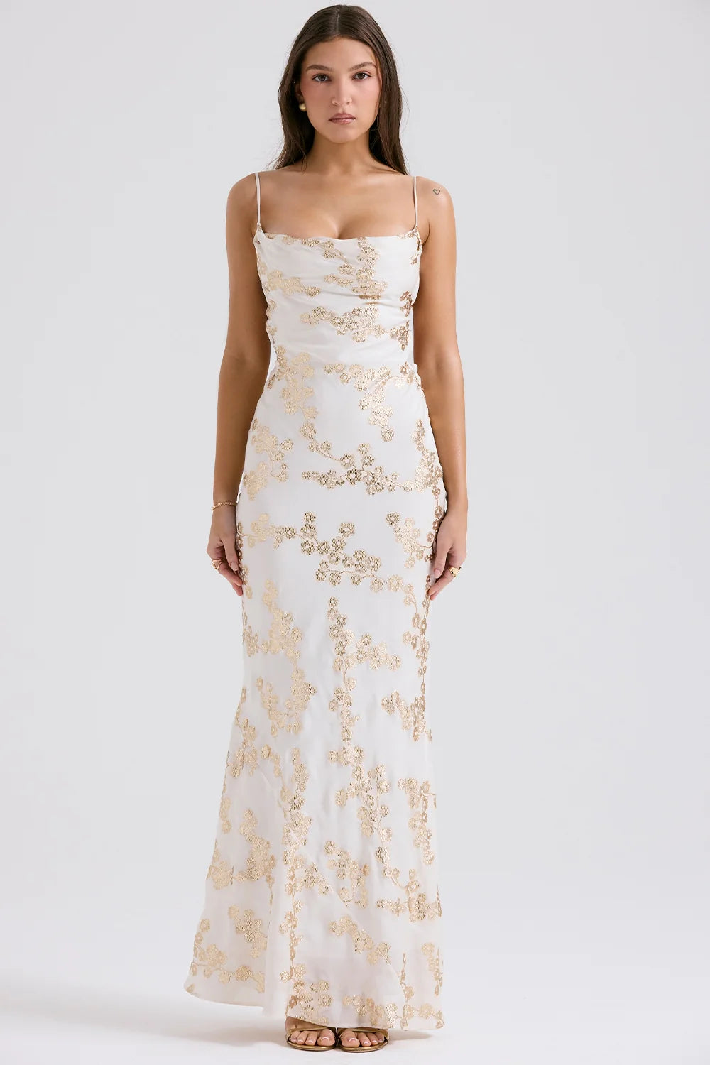 white & gold jacquard satin gown