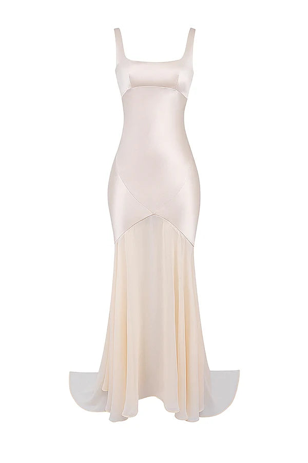 champagne chiffon floor length gown