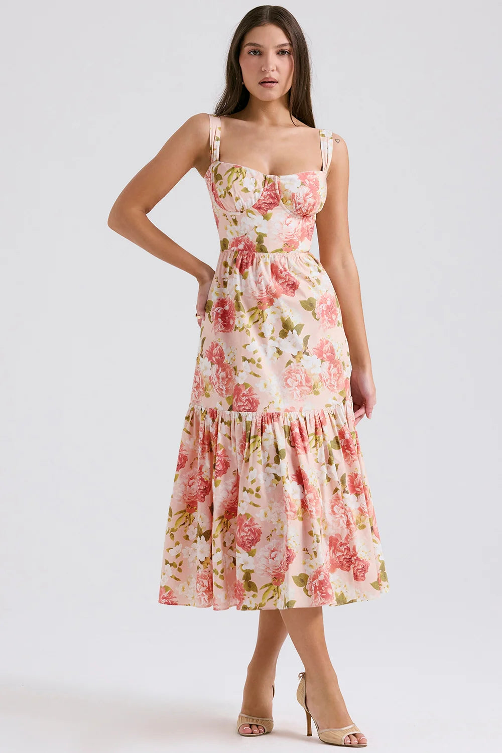 pink peony print cotton midi sundress