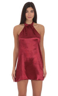 Satin Halter Shift Dress in Maroon