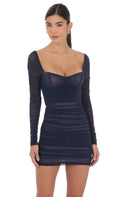 Mesh Long Sleeve Bodycon Dress in Navy