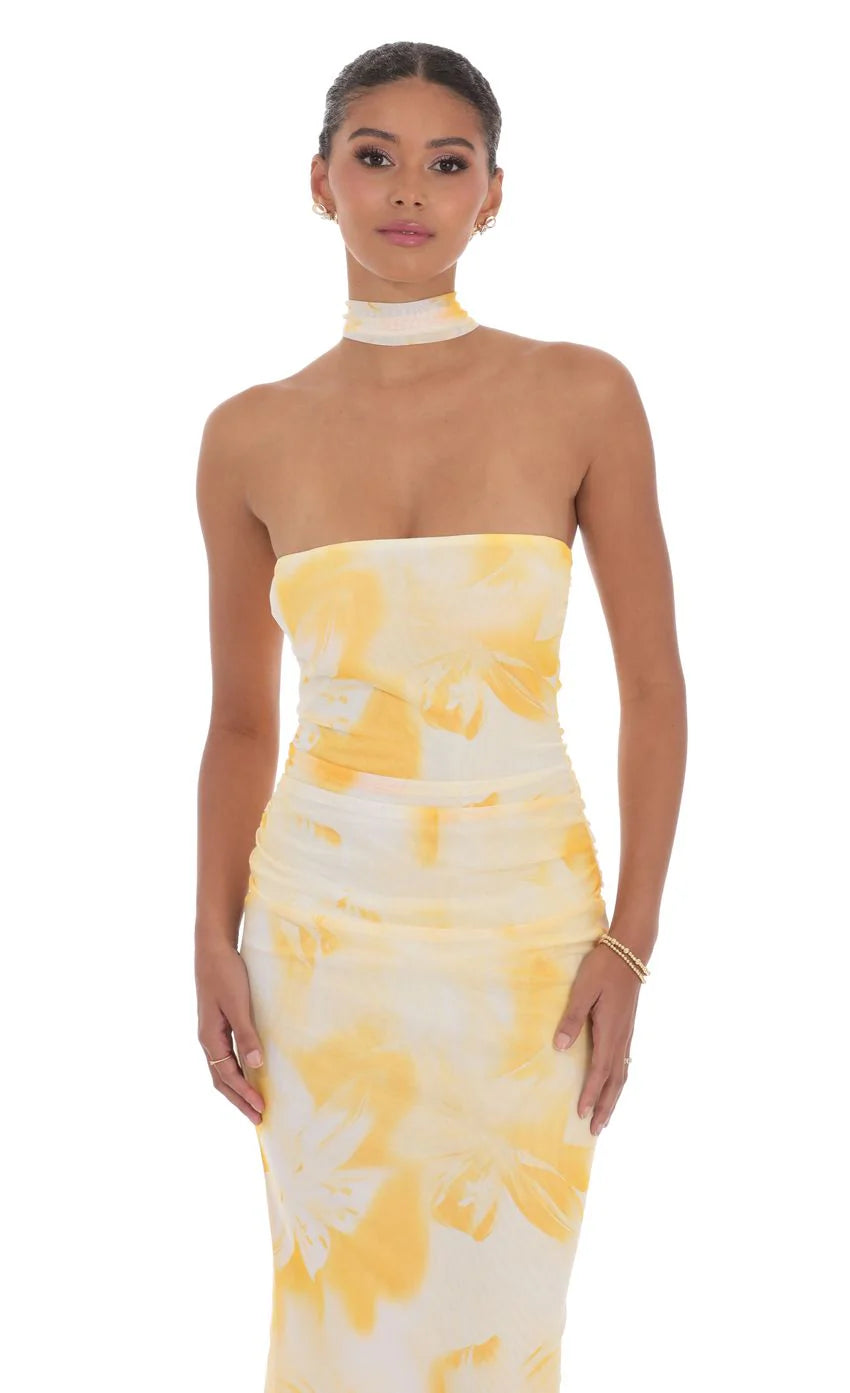 Scarf Mesh Floral Strapless Maxi Dress in Yellow