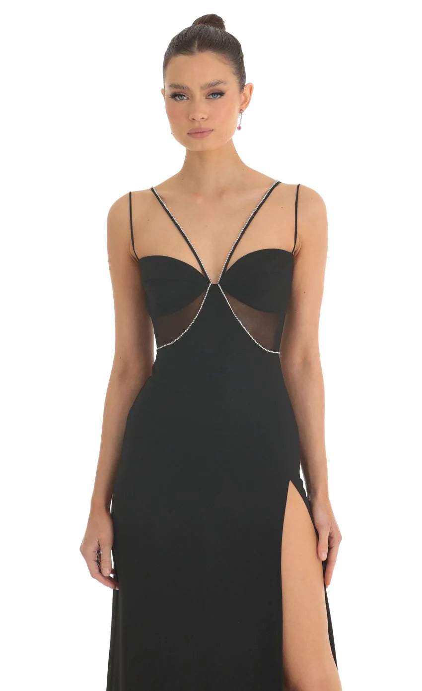 Rhinestone Crepe Cutout Maxi Dress in Black
