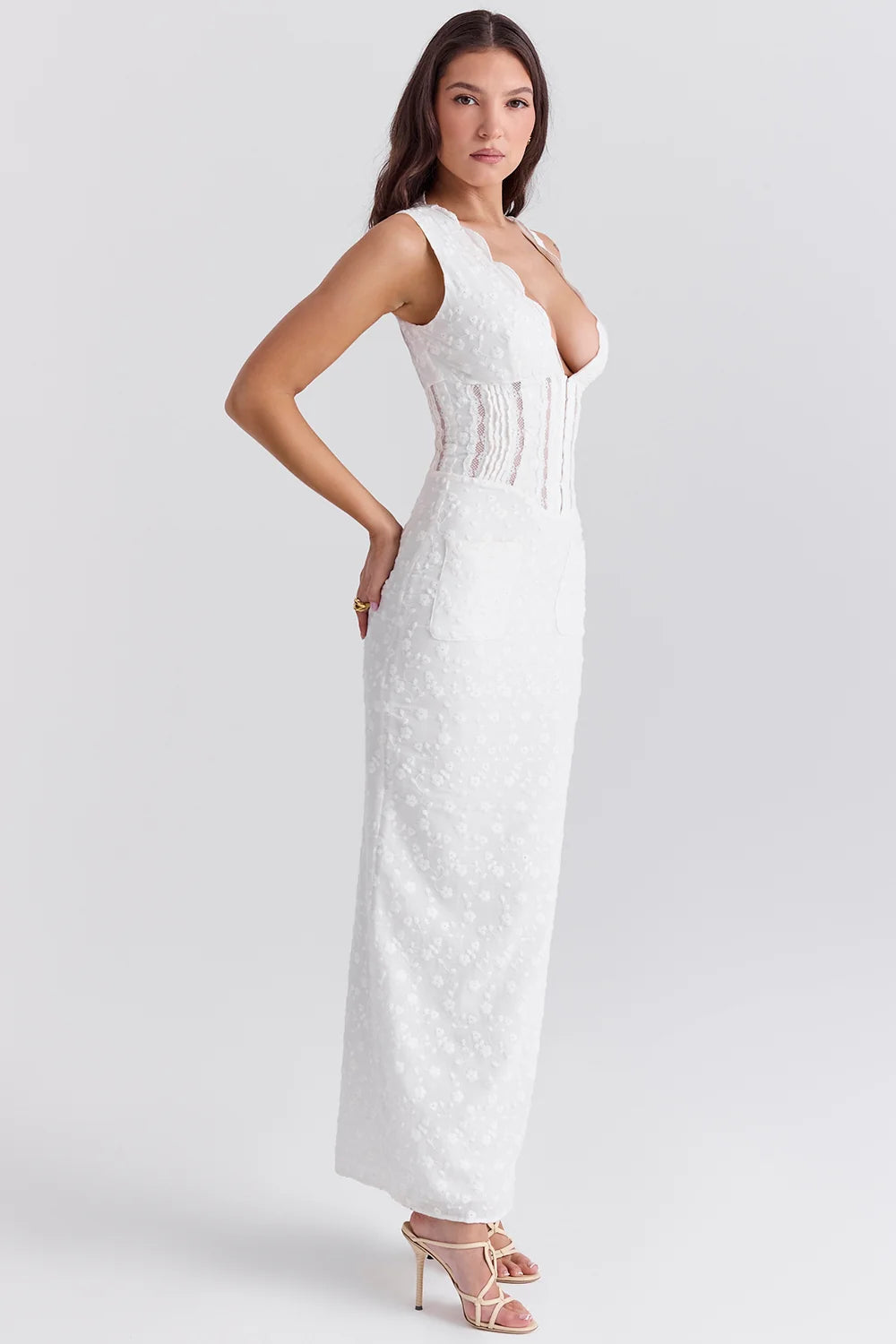 white cotton broderie anglais plunge maxi dress