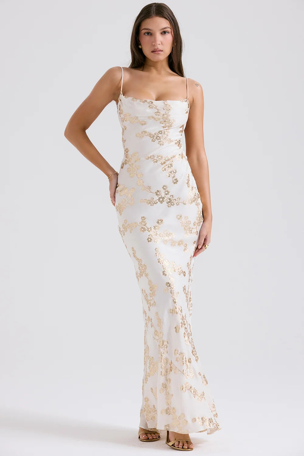 white & gold jacquard satin gown