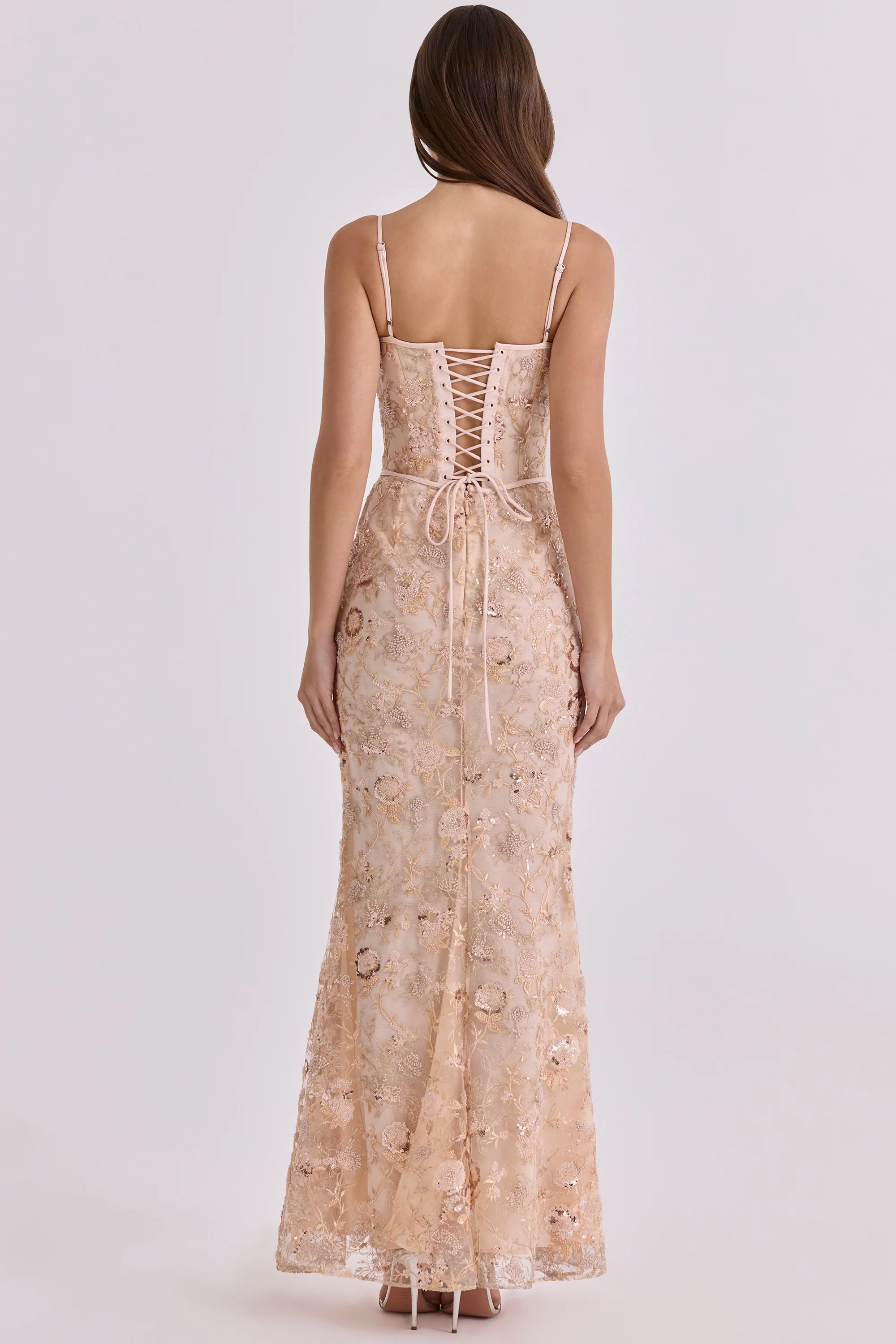 peach hand beaded embellished corset maxi dress - limited edition
