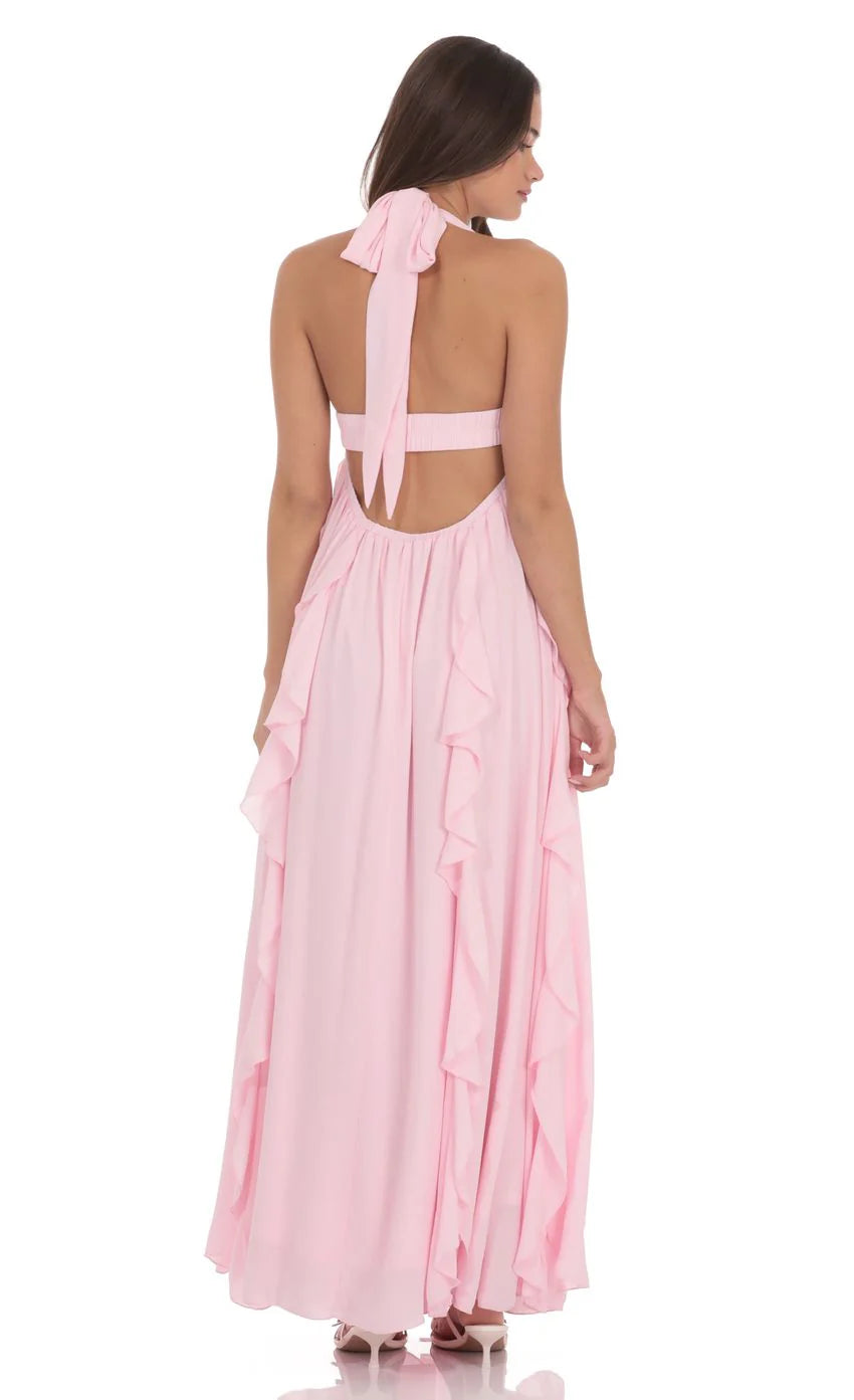 Halter Ruffle Babydoll Maxi Dress in Pink