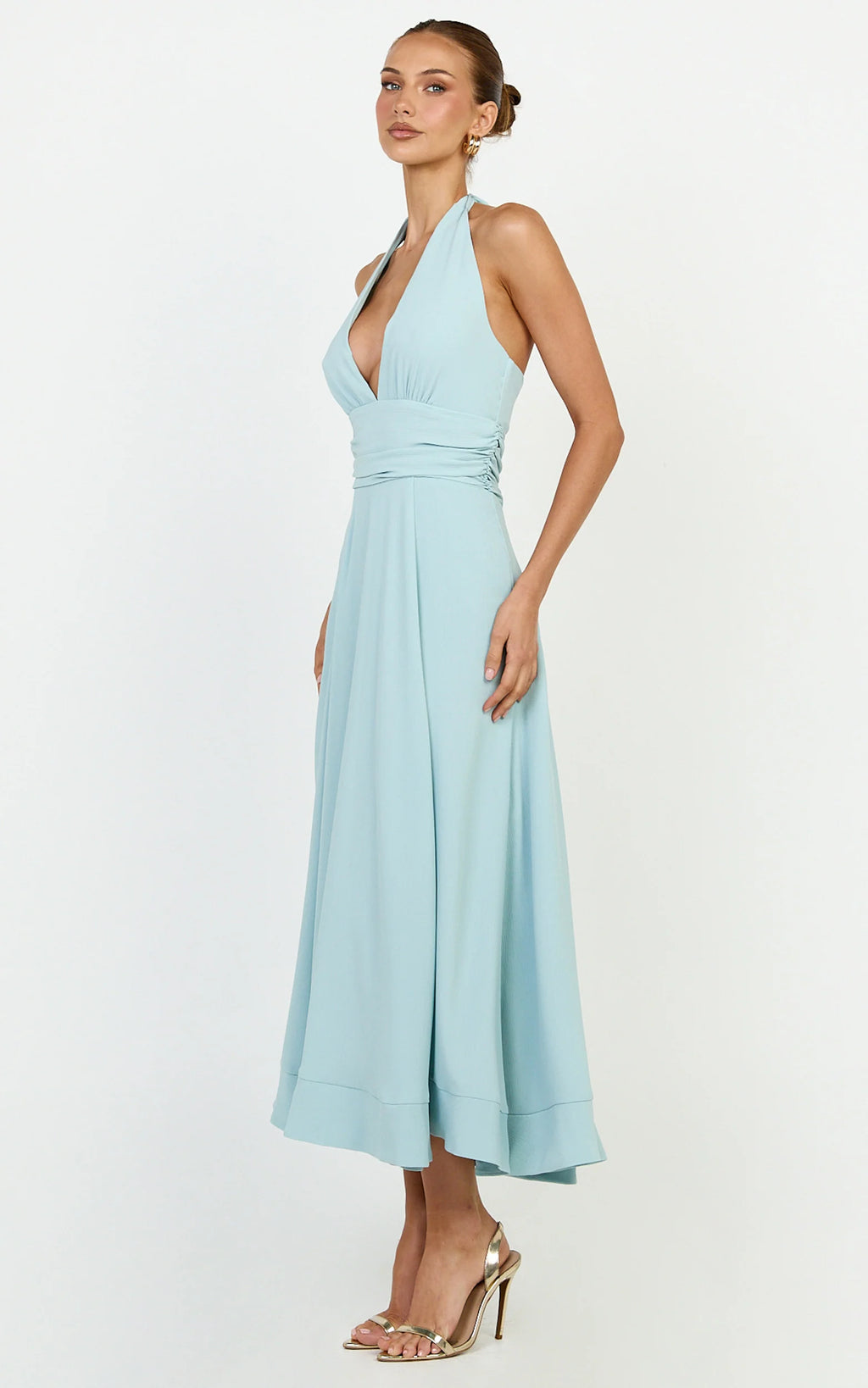 Vivia Maxi Dress - Gathered Waist Halter Dress in Blue