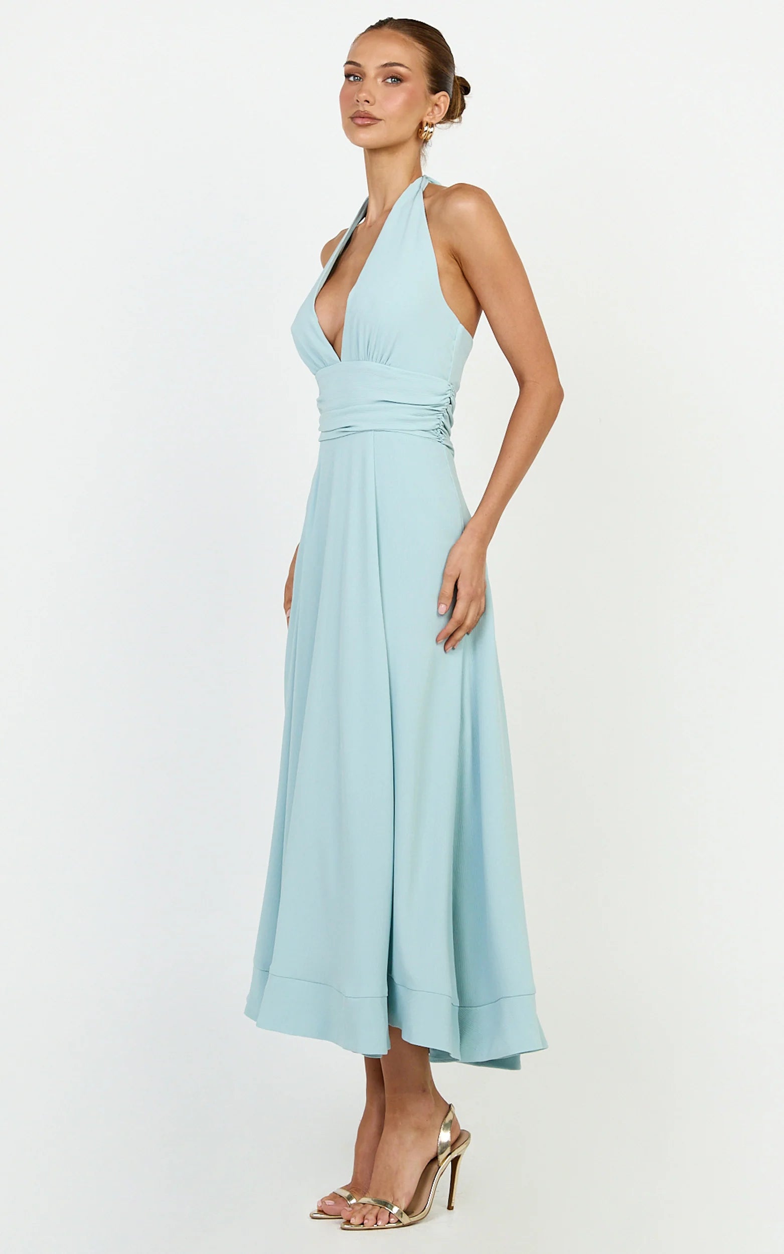 Vivia Maxi Dress - Gathered Waist Halter Dress in Blue