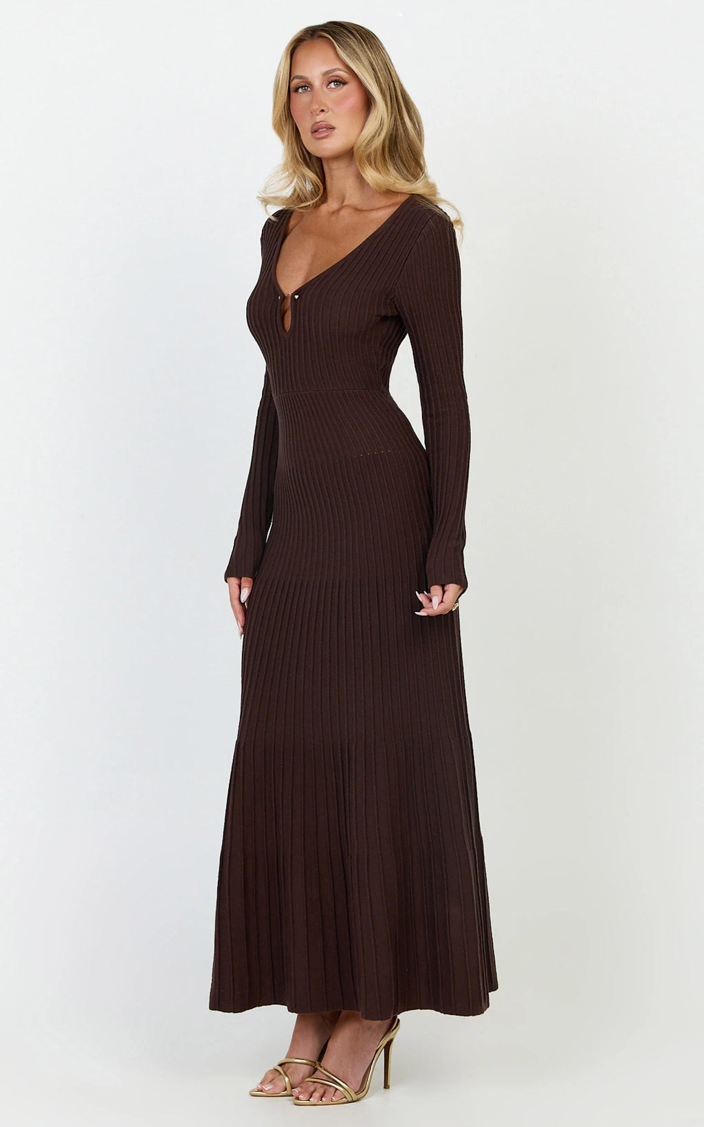 Maris Midi Dress - Keyhole and Hardware Neckline Long Sleeve Flared Dress in Choc