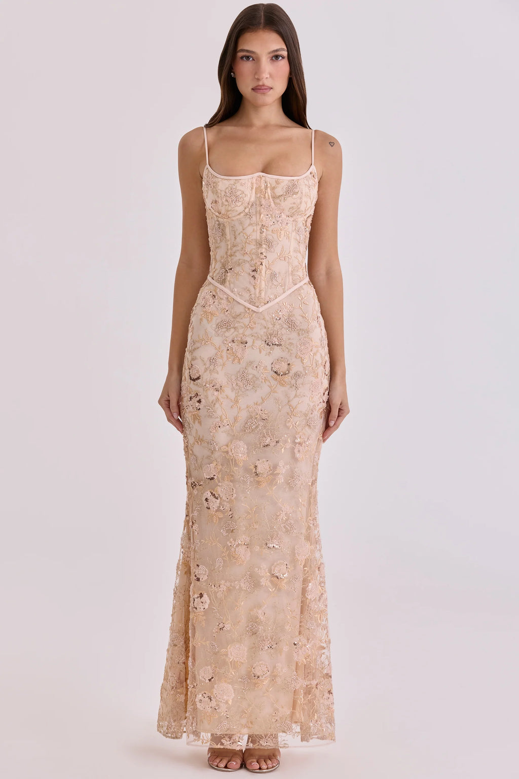 peach hand beaded embellished corset maxi dress - limited edition
