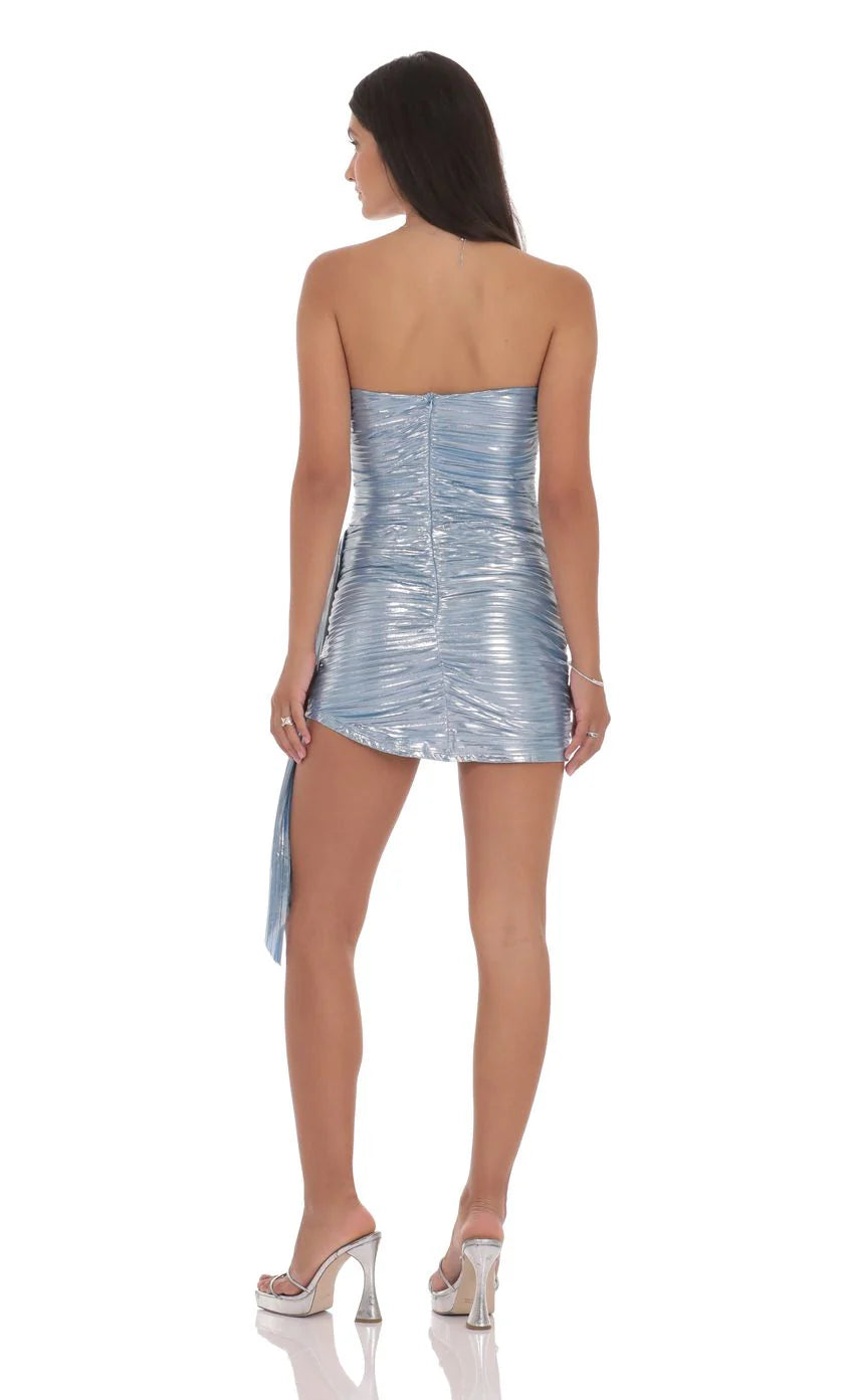 Metallic Corset Tassel Dress in Light Blue