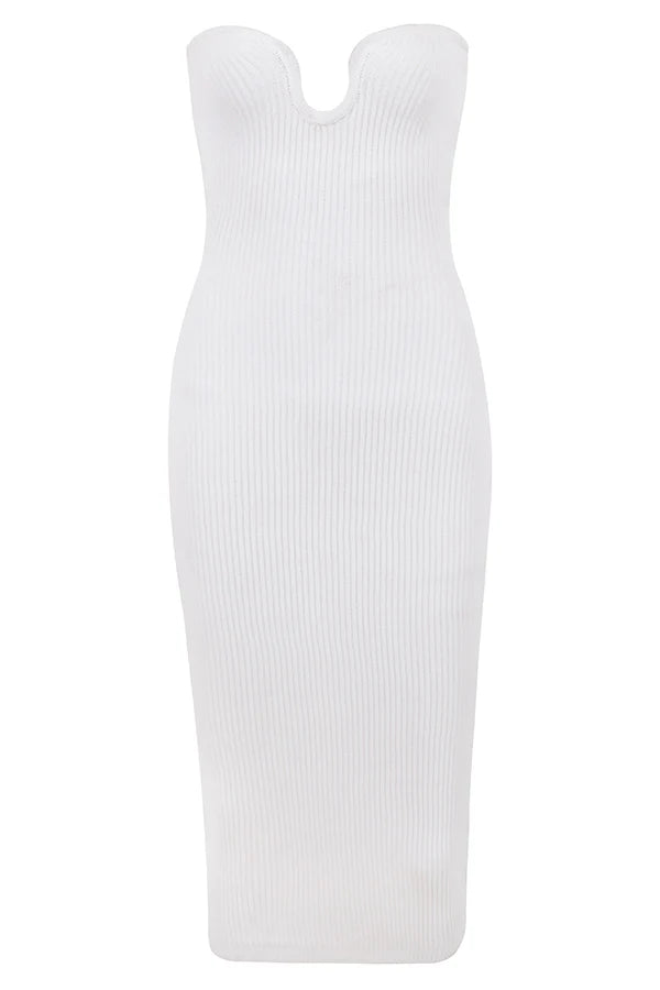 white ribbed knit strapless midi dress