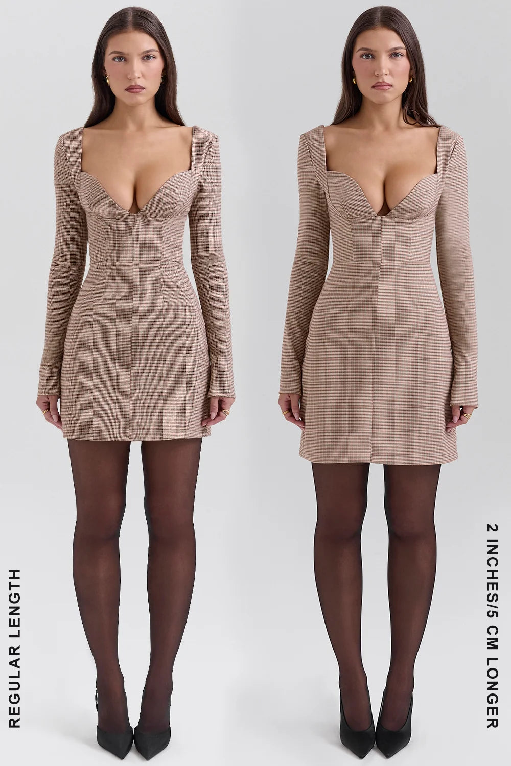 brown puppytooth check plunge mini dress - sale