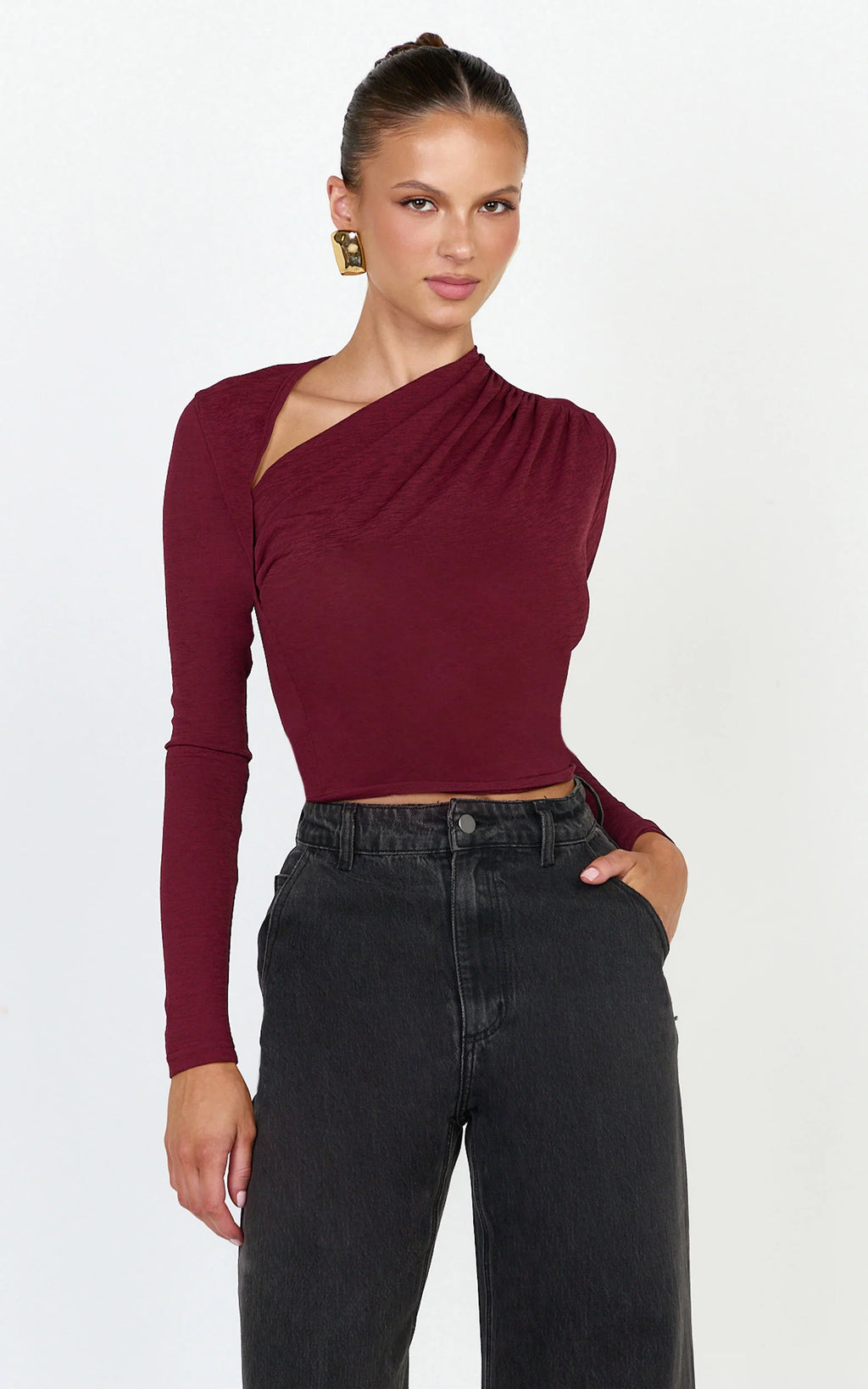 Hillary Top - Asymmetric Ruched Side Jersey Top in Wine