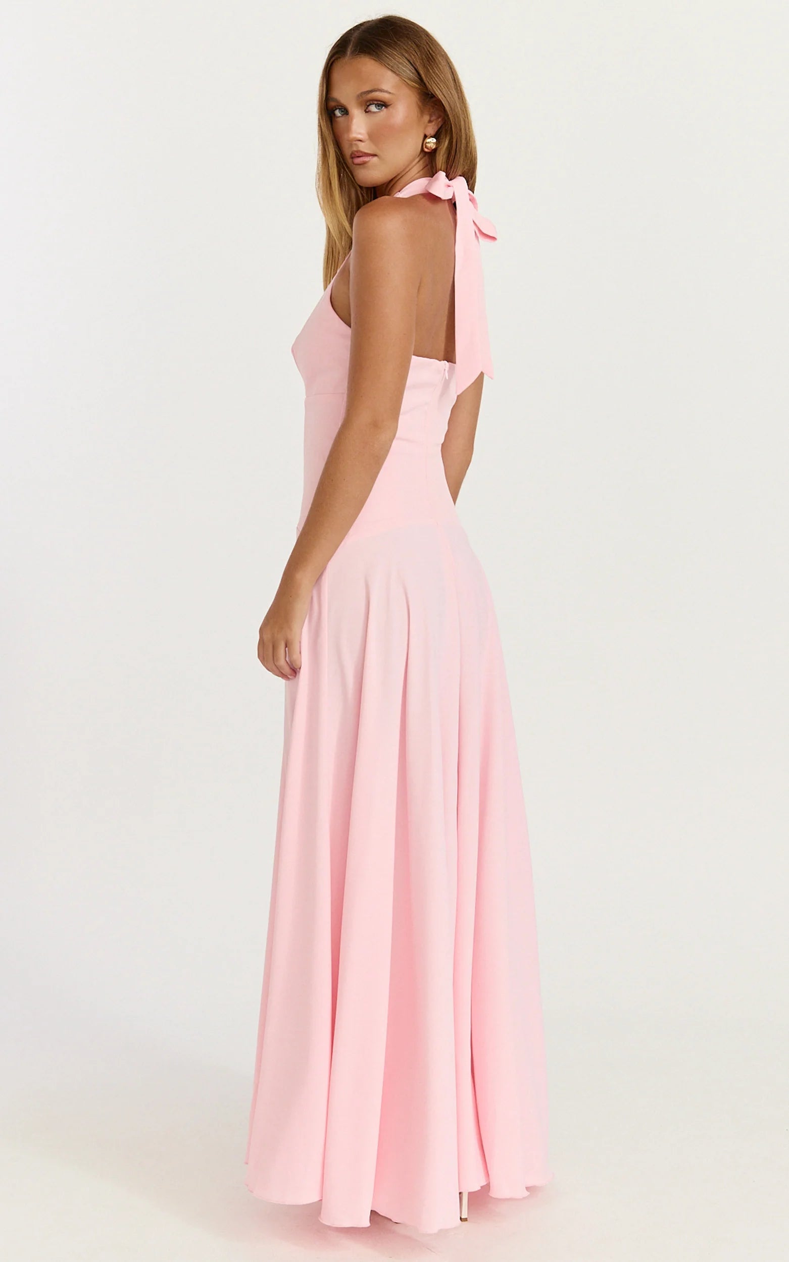 Poppy Maxi Dress - Contrast Skirt Deep Plunge Halter Dress in Soft Pink
