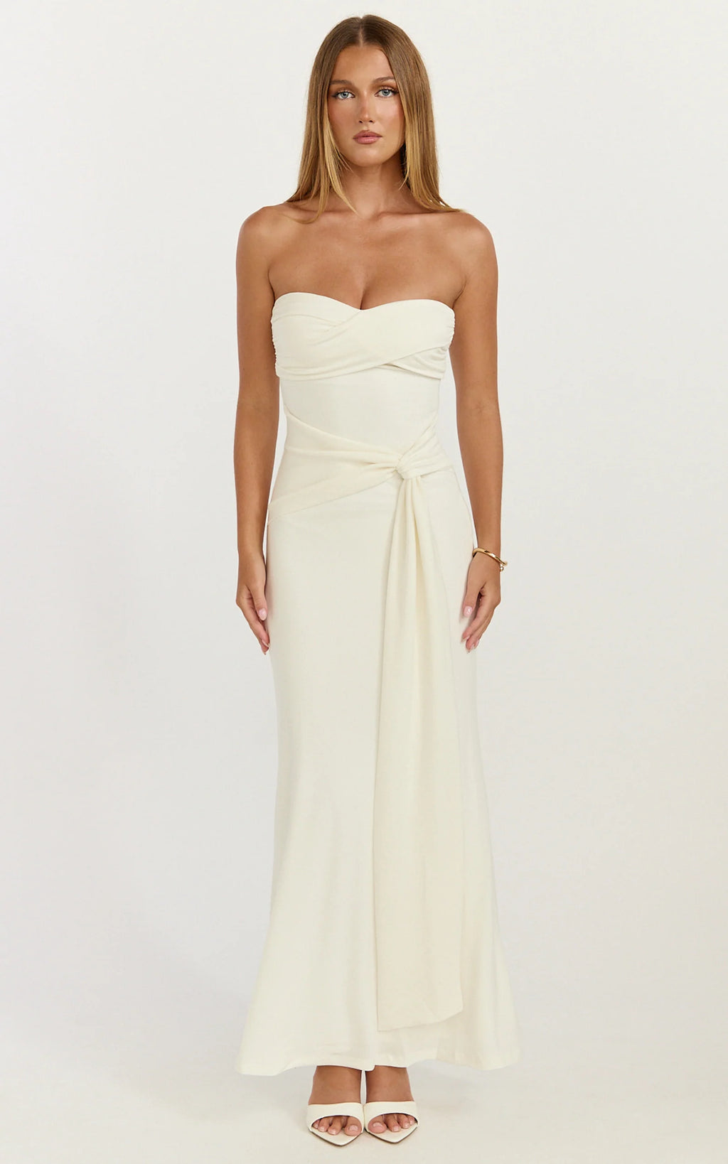 Aria Midi Dress - Strapless Tie Waist Dress in Off White