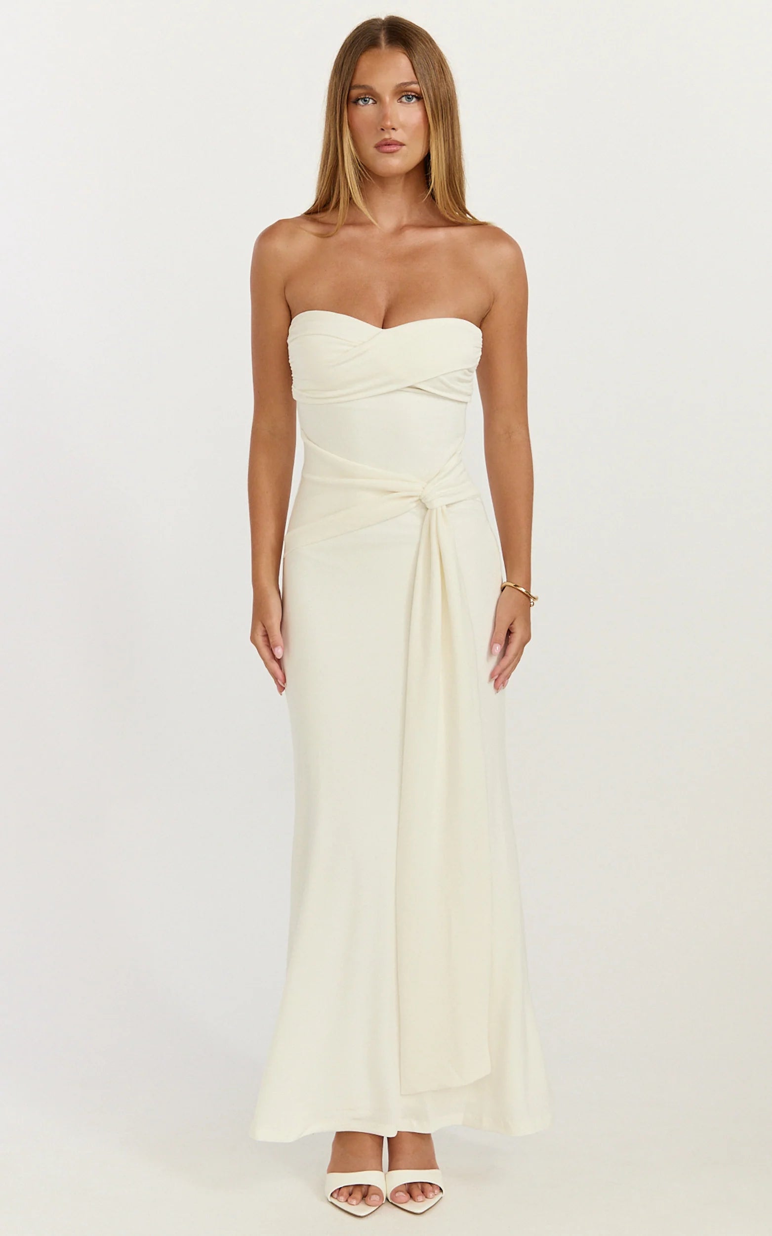 Aria Midi Dress - Strapless Tie Waist Dress in Off White