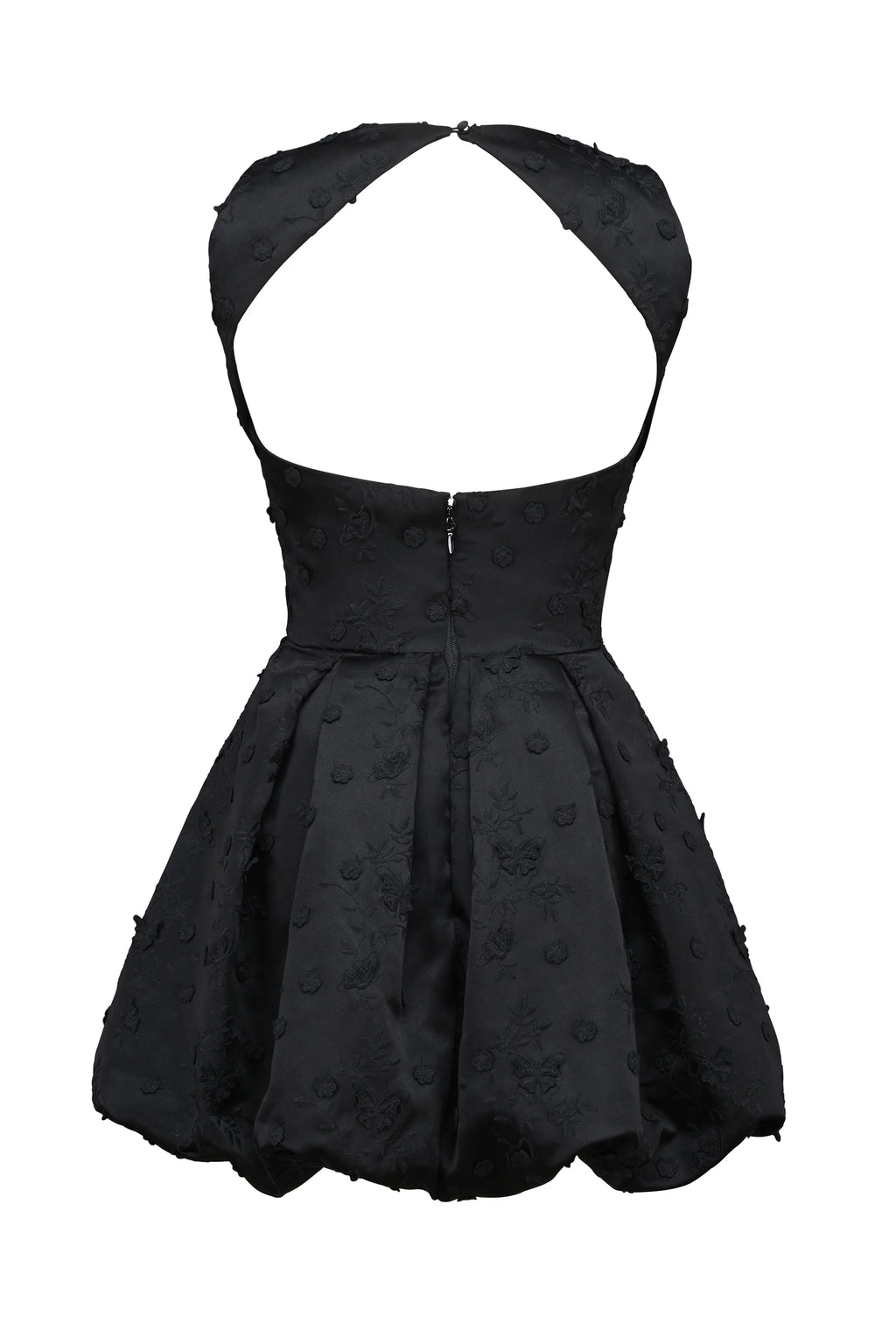 black backless embroidered mini puffball dress