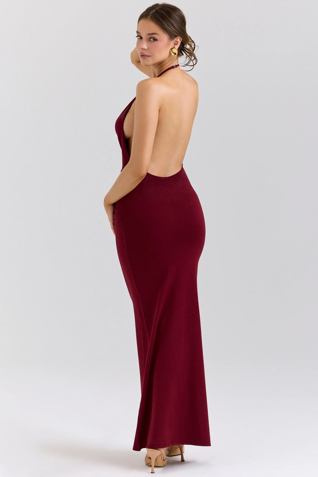 wine draped halter neck maxi dress