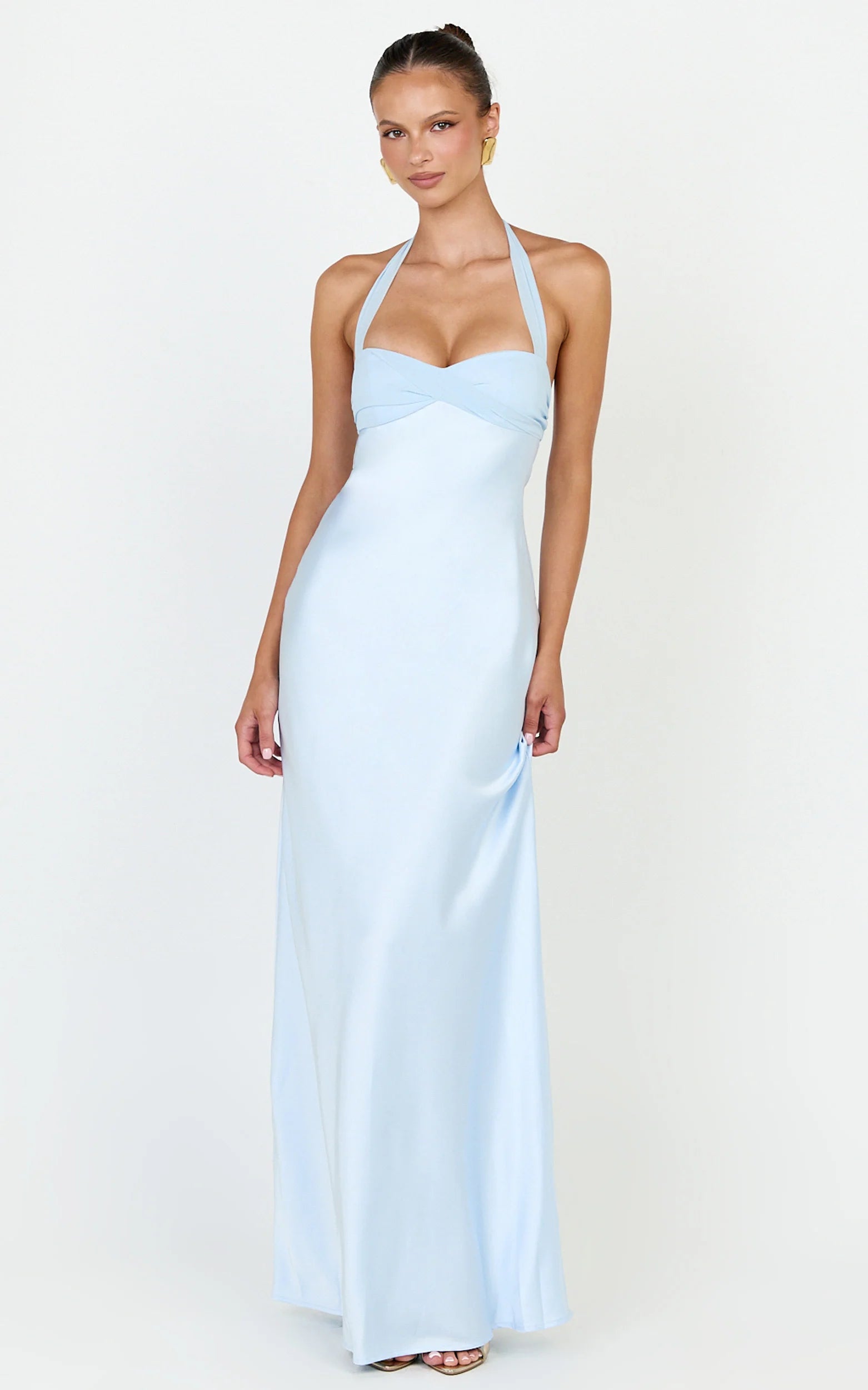 Flynn Maxi Dress - Satin Halter Sweetheart Neck Dress in Blue