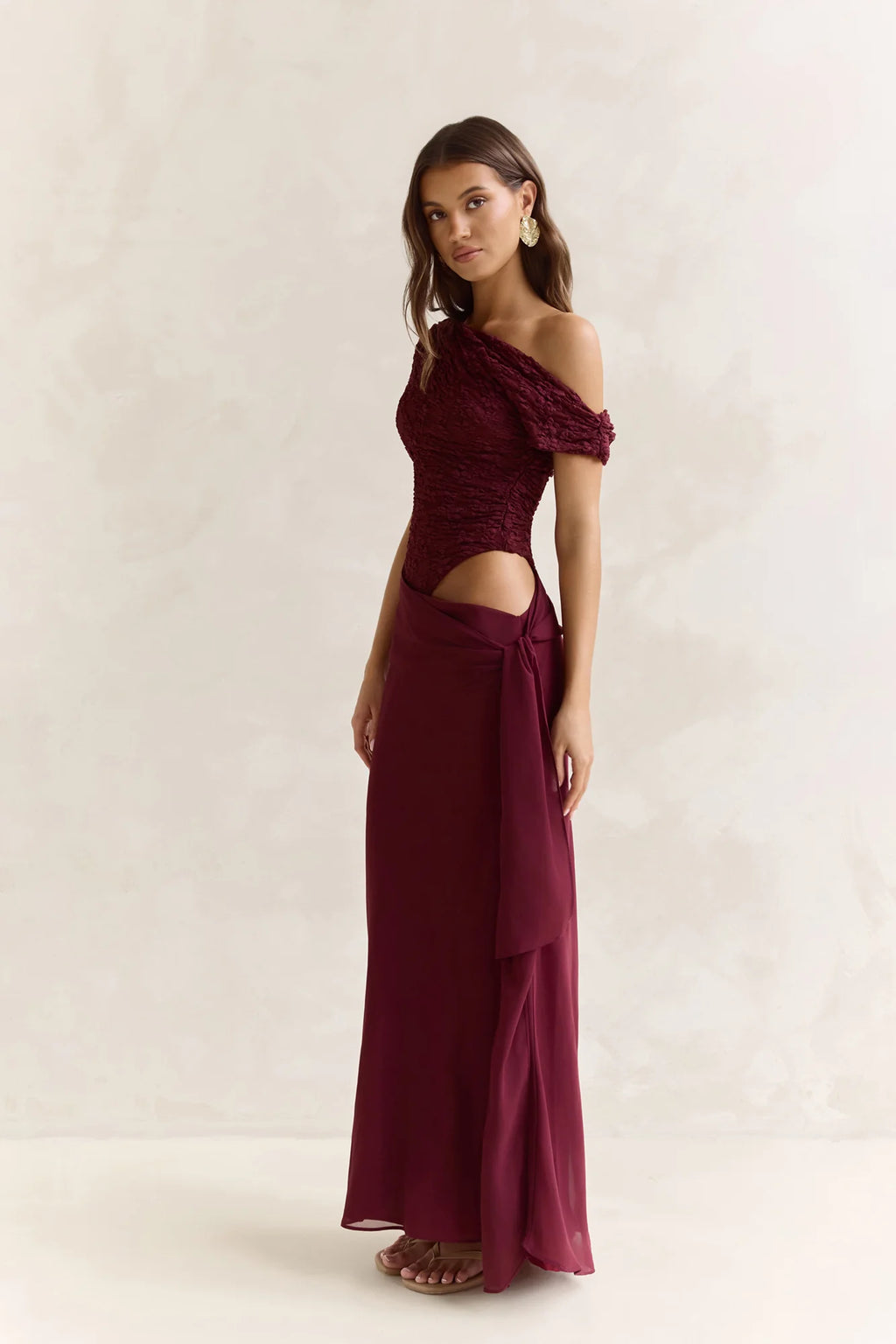 Modernity Mesh Off Shoulder Maxi Dress Burgundy