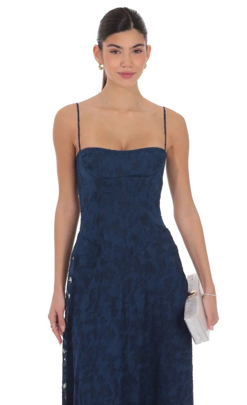 Burnout Lace-Up Maxi Dress in Navy
